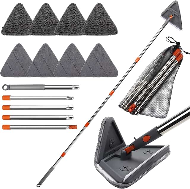 Wall mop cleaner with 8 replacement pads and adjustable handle