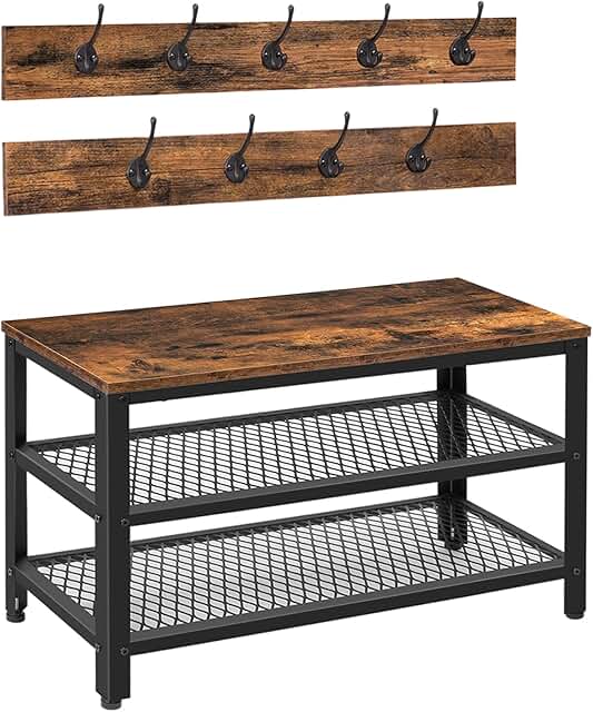 Wooden Entryway Storage Bench with Coat Hooks