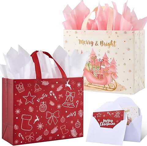 Large Christmas Gift Bags with Tissue and Cards, 2 Pack