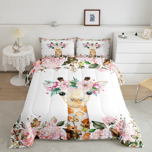 Cute Giraffe Bedding Set Pink Rose Comforter Set Twin Size Girls Kids,Cartoon Animal Quilt Duvet Floral Flower Down Comforter,Wildlife Giraffe Duvet Sets Botanical Room Decor,2Pcs