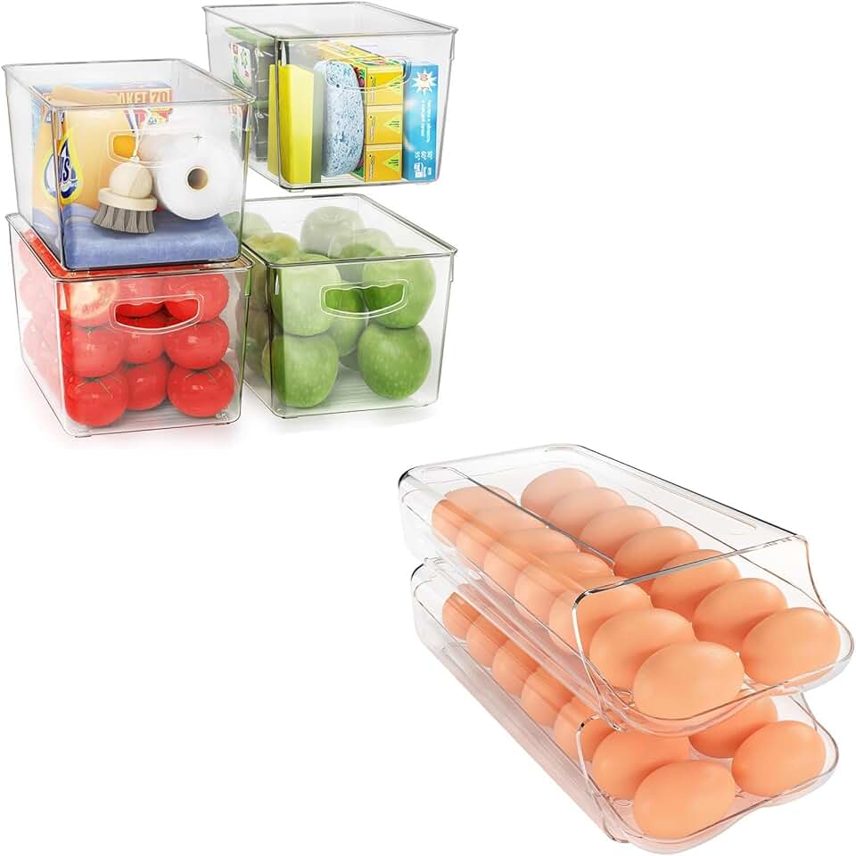Large Stackable Refrigerator Organizer Bins and Egg Holder