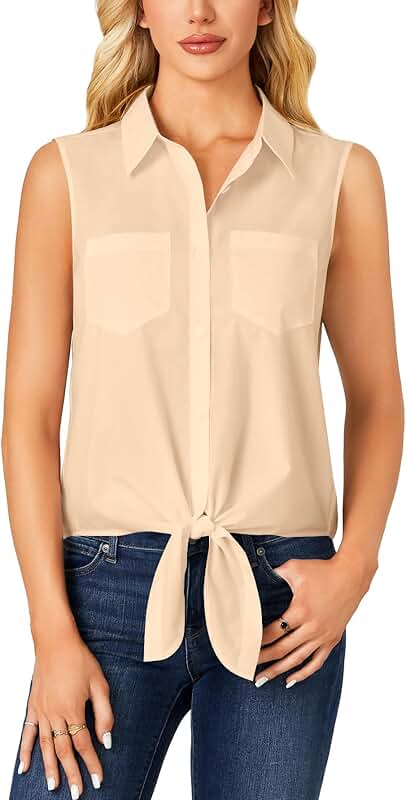 Women's Sleeveless Collar Neck Button Tank Top with Pocket
