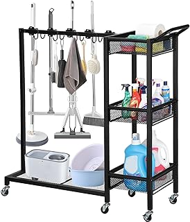 3-Tier Cleaning Cart with Broom Holder and Supplies