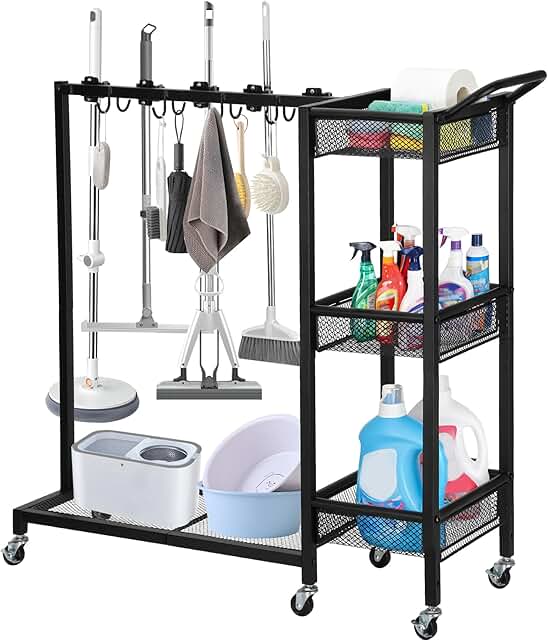 3-Tier Cleaning Cart with Broom Holder and Supplies