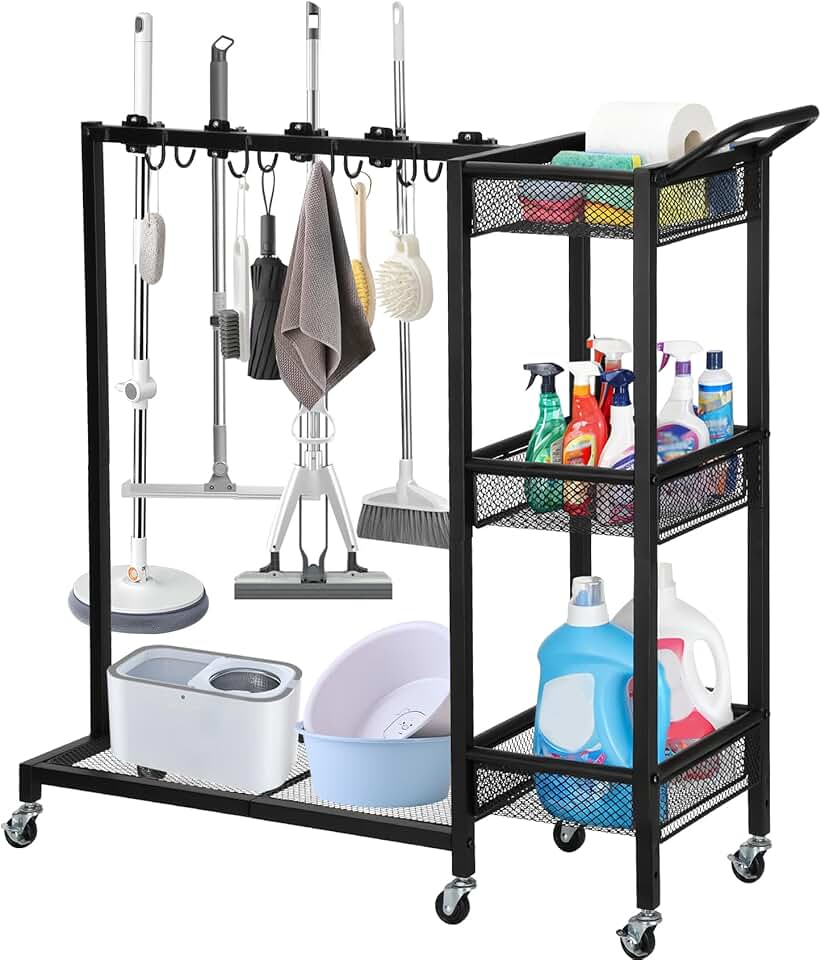 3-Tier Cleaning Cart with Broom Holder and Supplies