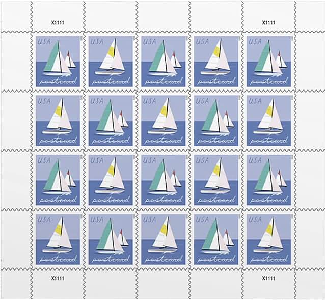 Postcard Stamps Sheet with Sailboats