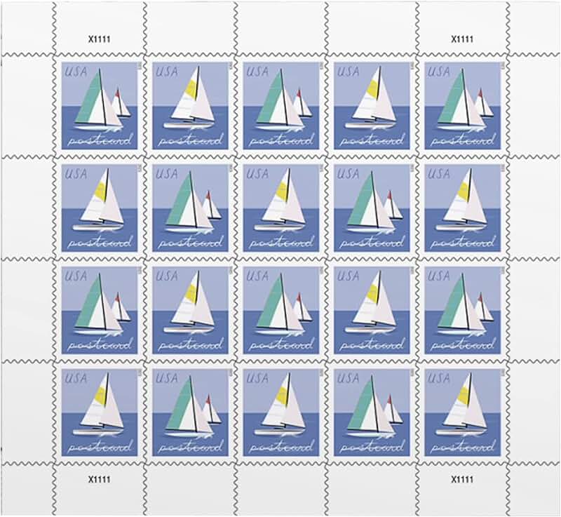 Postcard Stamps Sheet with Sailboats