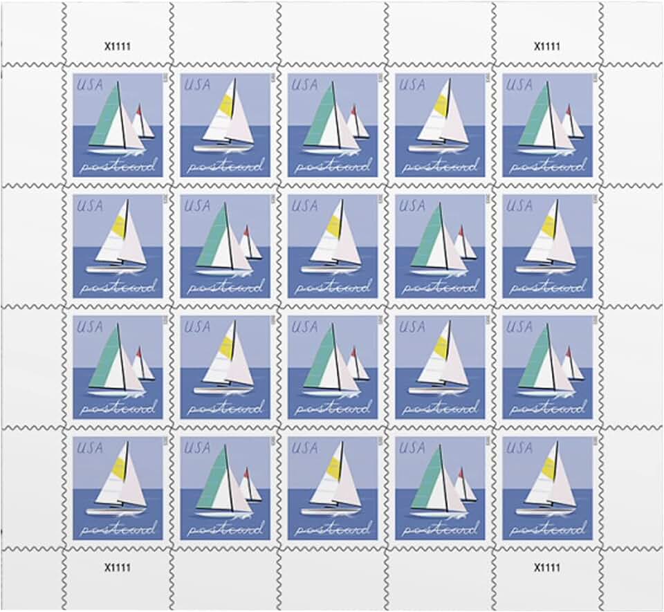 Postcard Stamps Sheet with Sailboats