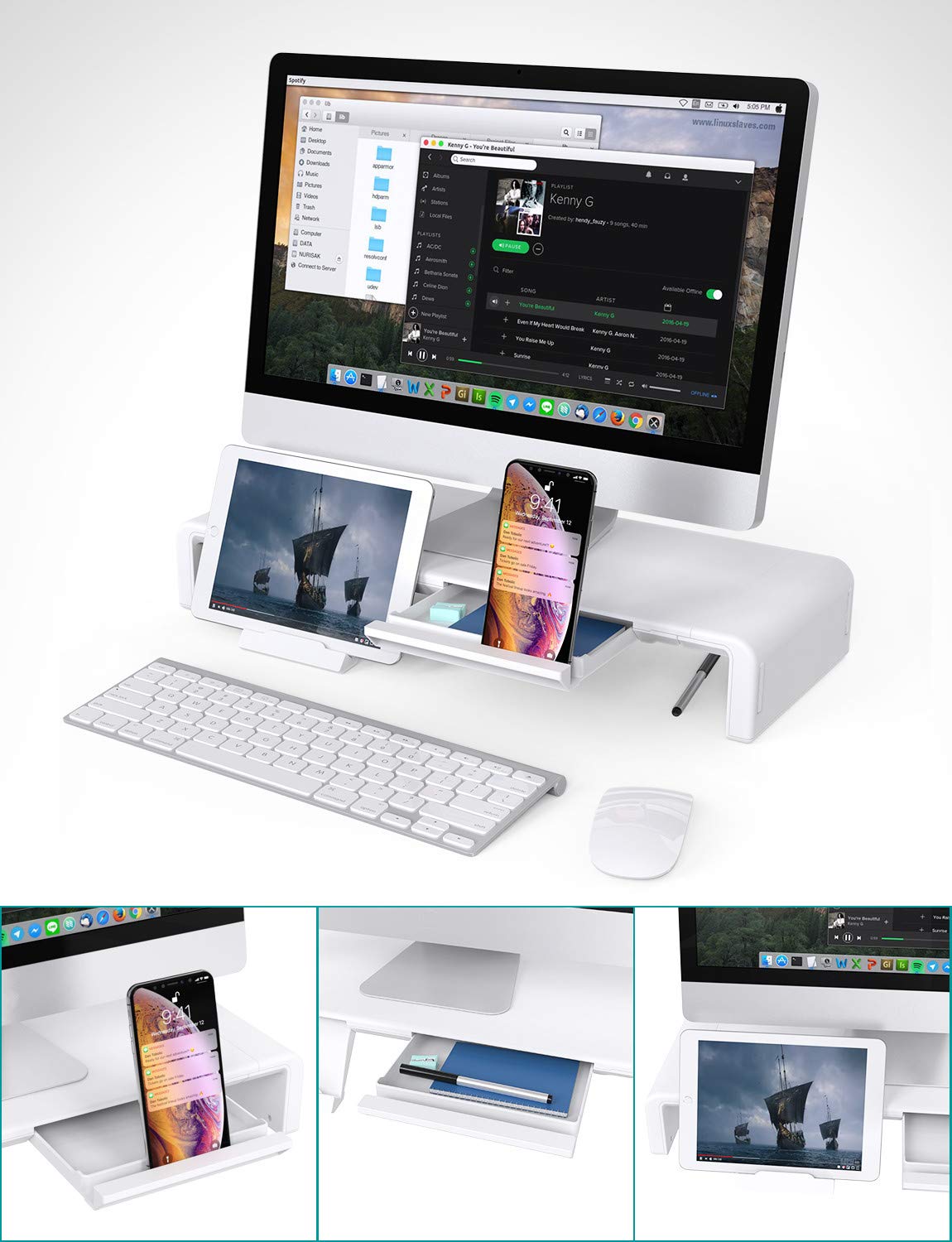 Monitor Stand Riser, Clarity Foldable Computer Monitor Stand, Adjustable Computer Stand Desk Organizer with Storage Drawer, Tablet Phone Stand for Laptop PC Printer (White)