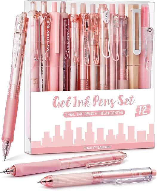 Set of 12 Cute Rose Gel Pens with Black and Pink Ink