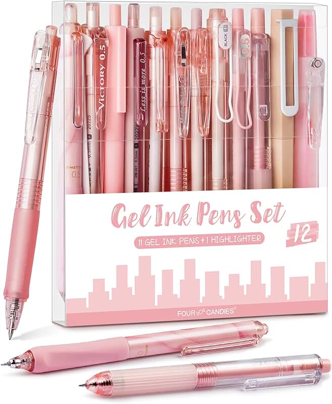 Set of 12 Cute Rose Gel Pens with Black and Pink Ink