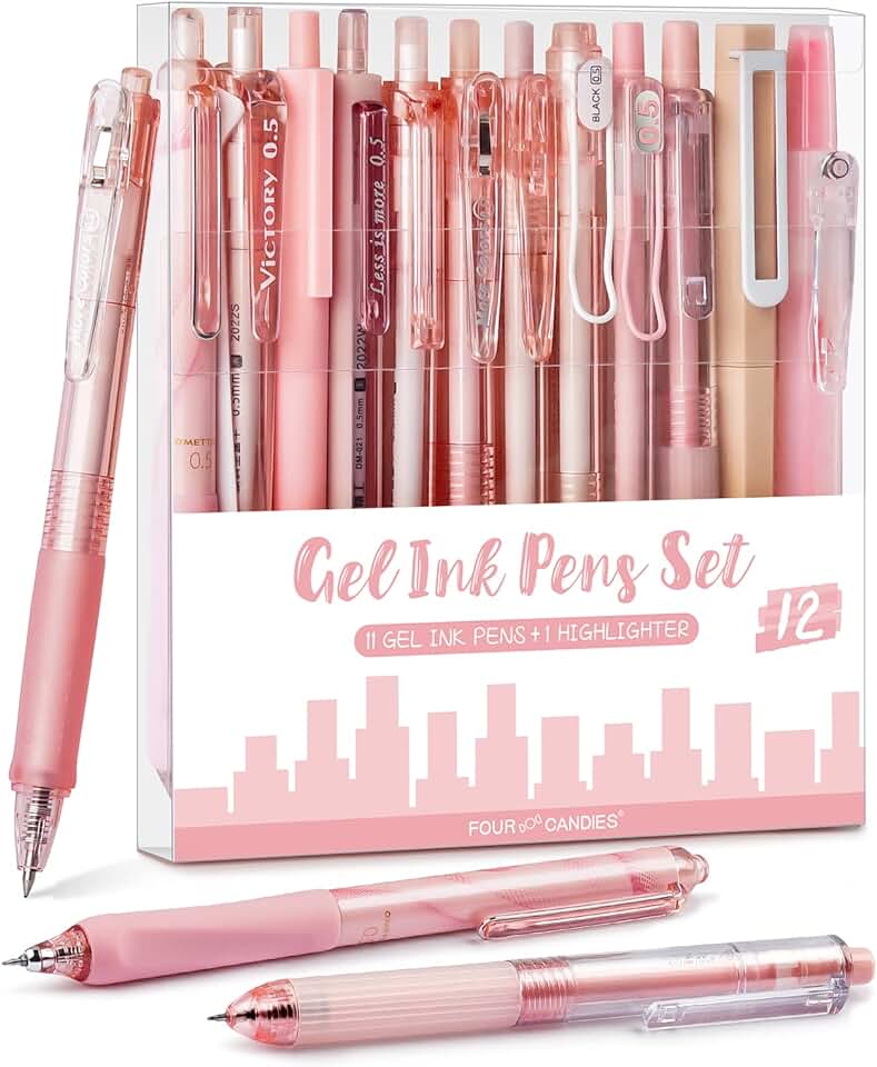 Set of 12 Cute Rose Gel Pens with Black and Pink Ink