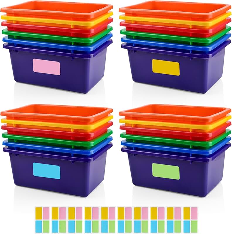 24 Plastic Cubby Bins with Labels for Organization