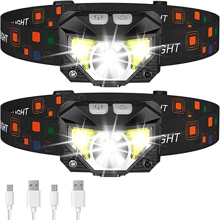 Rechargeable LED Headlamp with 8 Modes, Waterproof, 2-Pack