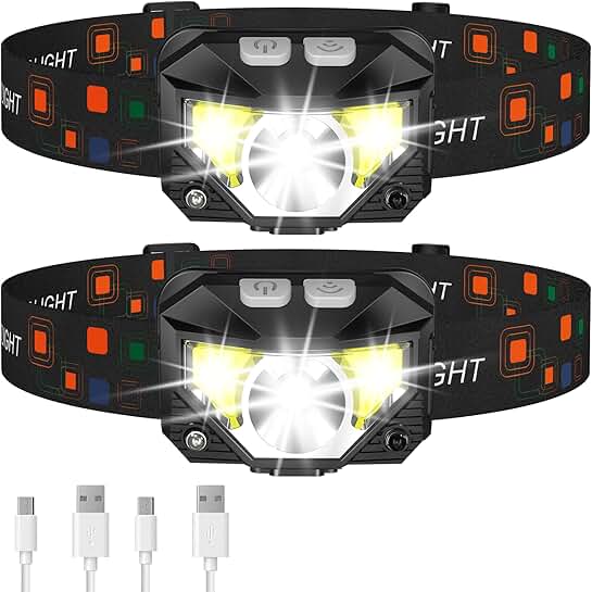 Rechargeable LED Headlamp with 8 Modes, Waterproof, 2-Pack