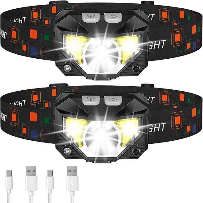Rechargeable LED Headlamp with 8 Modes, Waterproof, 2-Pack