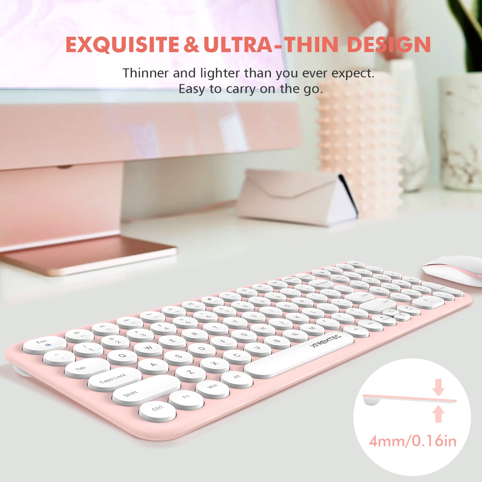Wireless Keyboard and Mouse Combo, Cute Keyboard Pink Retro Round Keycap, Ultra Thin Quiet 2.4GHz Retro Kawaii Keyboard for Mac/PC/Laptop (Sakura Pink)