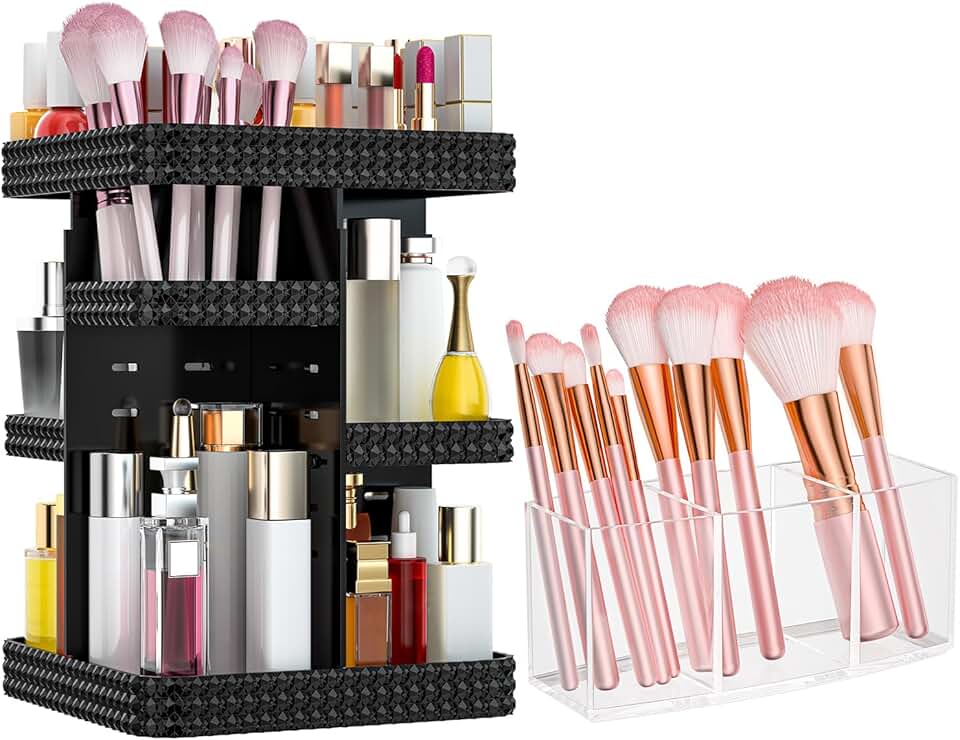 Two-Piece Rotating Makeup and Brush Organizer