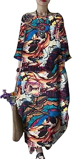 Women's Round Neck Cotton Kaftan with 3/4 Sleeves and Pocket