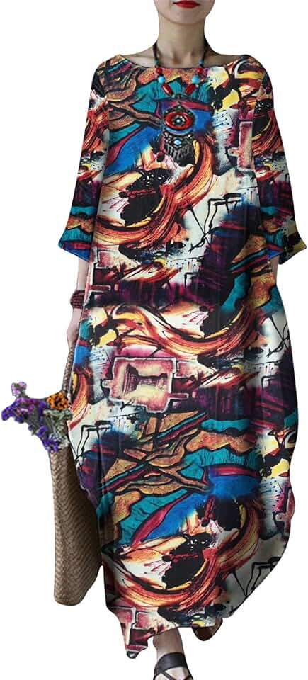 Women's Round Neck Cotton Kaftan with 3/4 Sleeves and Pocket