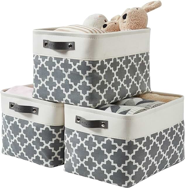 Grey Fabric Storage Baskets for Shelves, 3 Pack