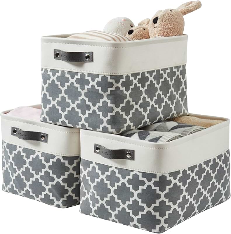 Grey Fabric Storage Baskets for Shelves, 3 Pack