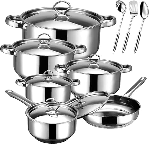 15-Piece Stainless Steel Cookware Set with Pots, Pans, Lids, and Utensils