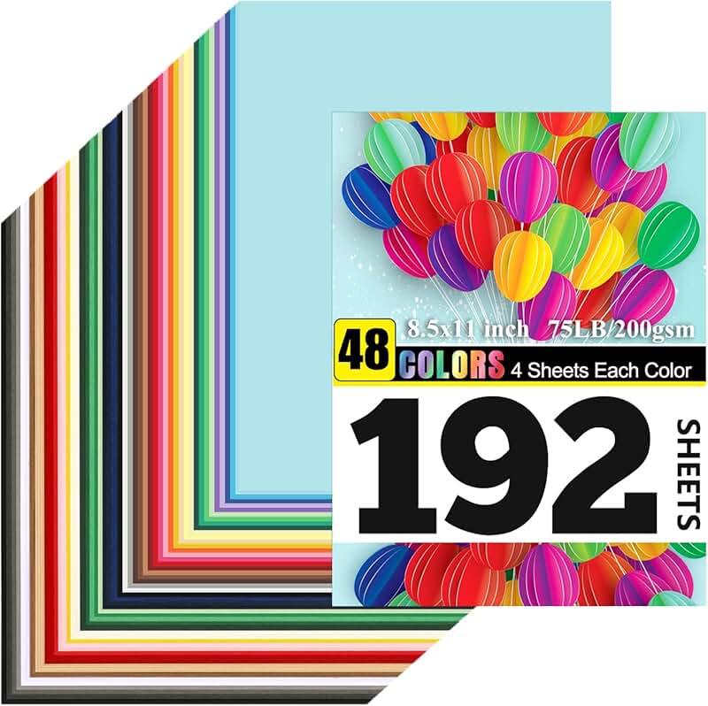 192 Sheets of 8.5x11 Colored Cardstock in 48 Colors