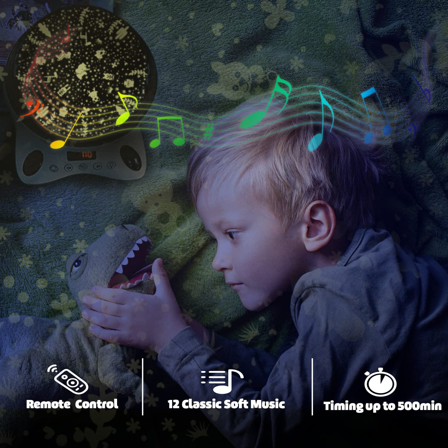 Night Light Projector, Baby Night Light for Kids with Remote and Timer, 360 Degree Rotating  8 Color Changing 12 Songs Toddler Night Light Gifts for Baby  Black