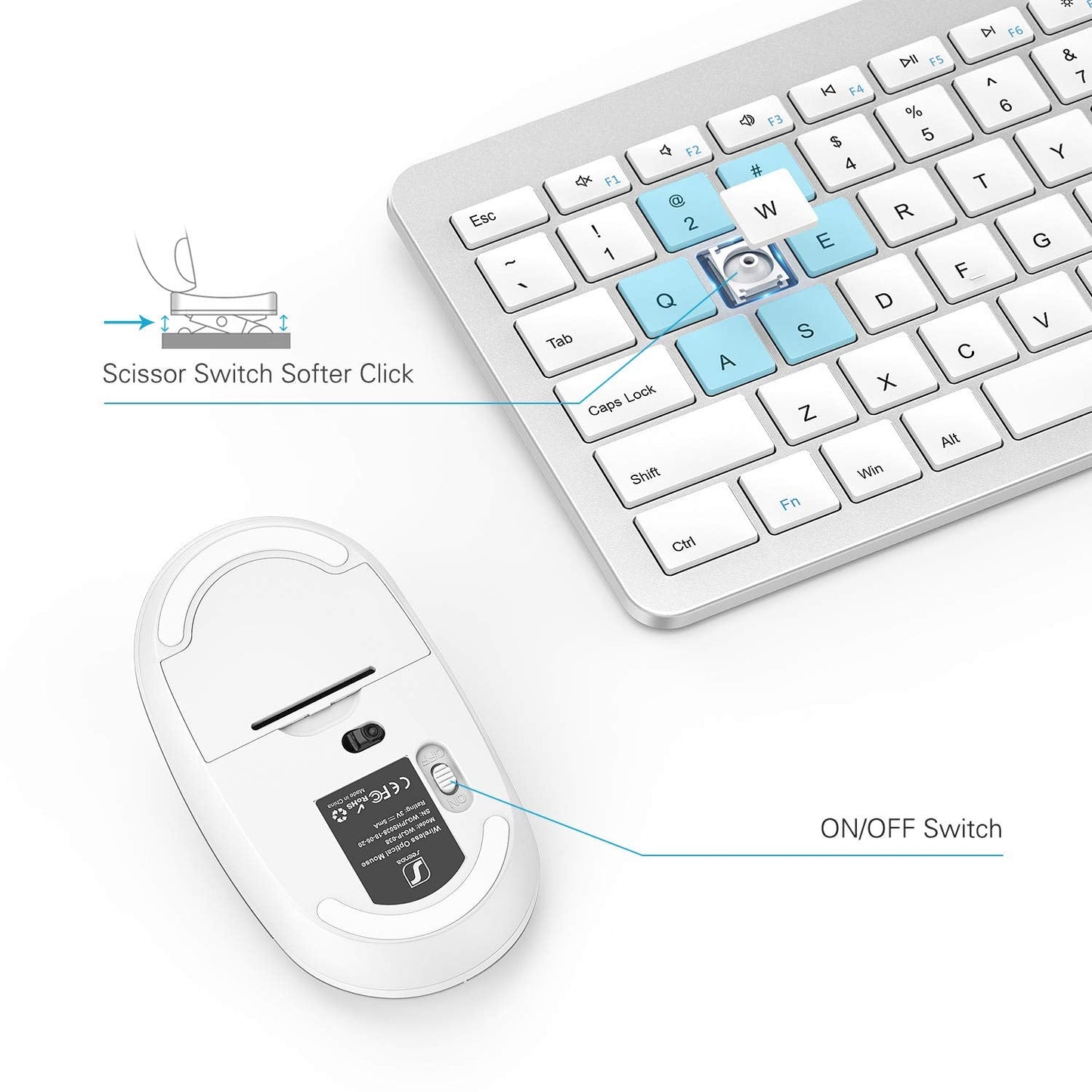 Wireless Keyboard and Mouse Combo - Full Size Slim Thin Wireless Keyboard Mouse with Numeric Keypad with On/Off Switch on Both Keyboard and Mouse - White & Silver