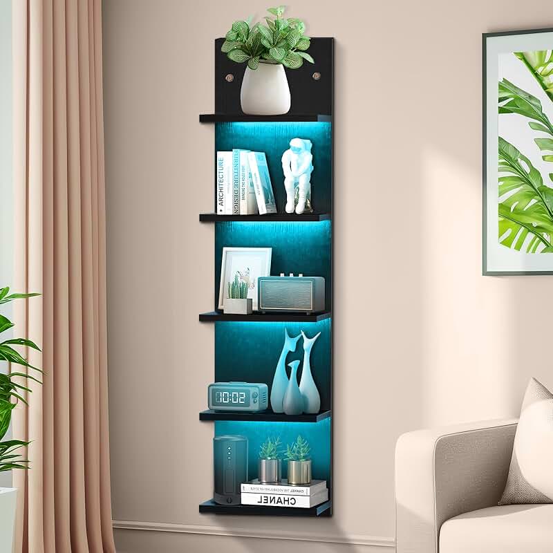 Black 5-Tier Wall-Mount Display Shelf with LED Lighting