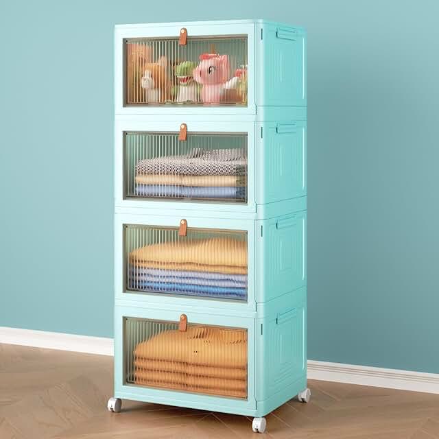 Four-tier stackable plastic storage bins with lids and wheels