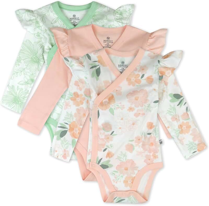 Three Organic Cotton Long Sleeve Ruffle Bodysuits for Baby Girls