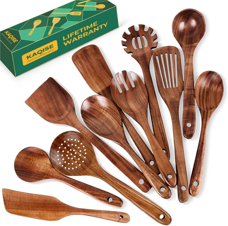Wooden Cooking Utensil Set with Spatula Spoon Colander and Salad Fork