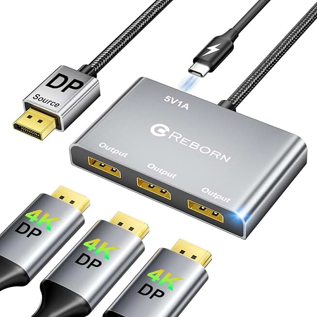 Reborn DisplayPort Splitter for 3 Monitors, 4K@60Hz