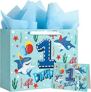 Blue Ocean Shark 13-Inch Birthday Gift Bags with Tissue and Card