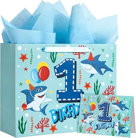 Blue Ocean Shark 13-Inch Birthday Gift Bags with Tissue and Card
