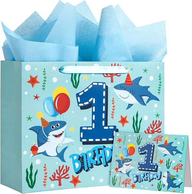 Blue Ocean Shark 13-Inch Birthday Gift Bags with Tissue and Card