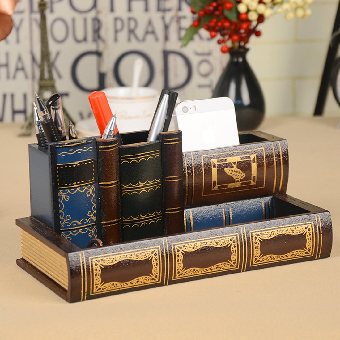 Decorative Wooden Pen Holder with Storage