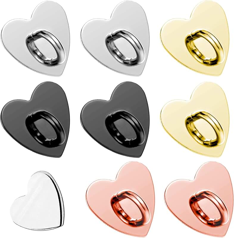 Set of 8 adhesive metal phone finger rings with heart-shaped grip loops