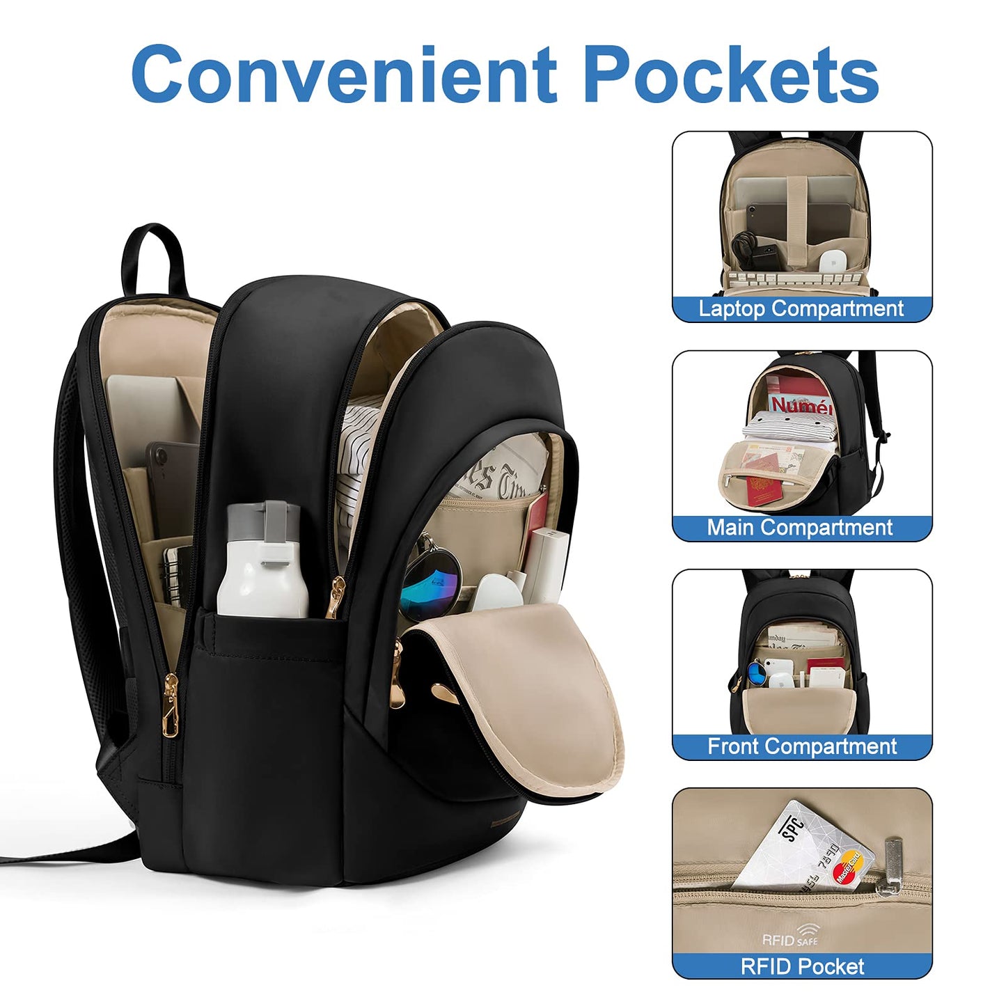 Laptop Backpack, 15.6 Inch Travel Backpack for Women Men, College School Bookbags with USB Charging Port, Large Capacity Computer Backpacks for Work Business, Black