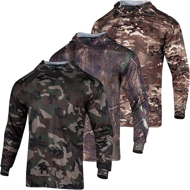 Three men's camouflage long sleeve hooded shirts