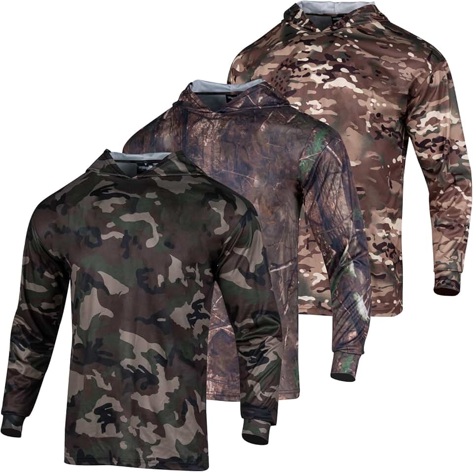 Three men's camouflage long sleeve hooded shirts