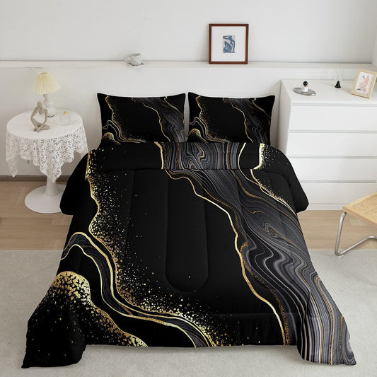 Black Gold Marble Comforter Set Twin,Glitter Marble Bedding Set,White Gold Lines Abstract Marble Texture Duvet Insert,3Pcs Soft Quilted Comforter with 1 Pillow Sham