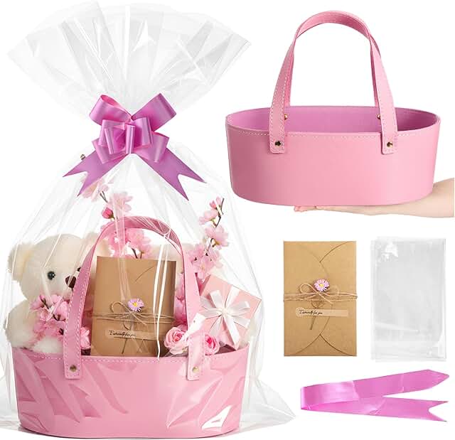 Pink Small Leather Gift Basket with Handle