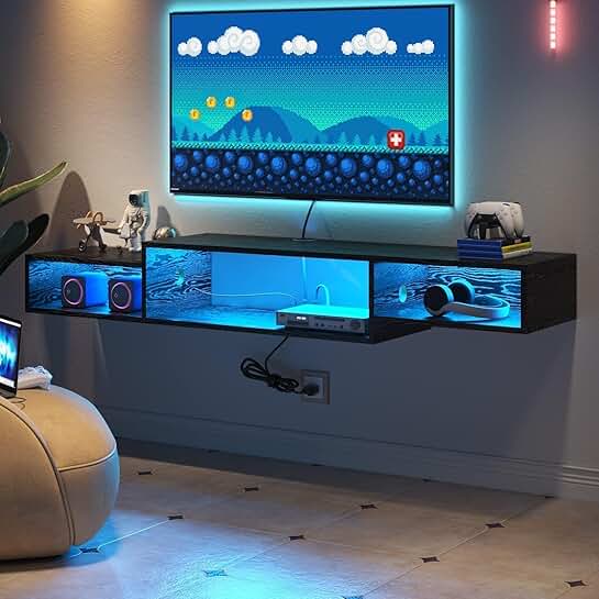 Floating TV Stand with Power Outlet and LED Lights