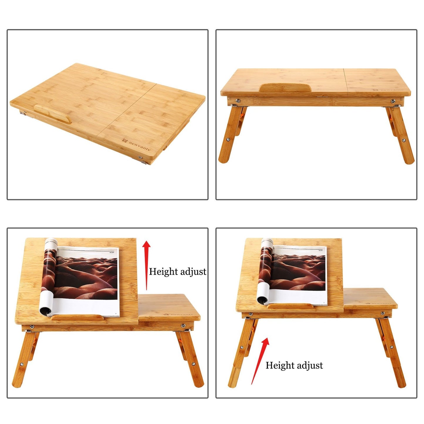 Laptop Desk Table Adjustable 100% Bamboo Foldable Breakfast Serving Bed Tray w' Tilting Top Drawer