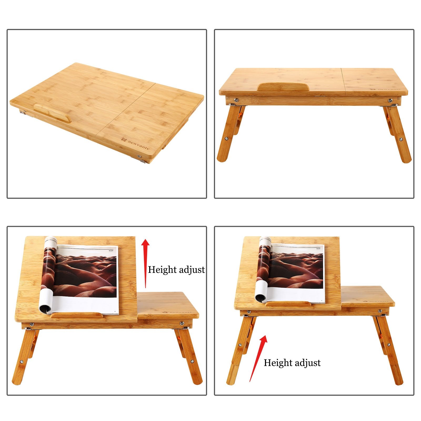 Laptop Desk Table Adjustable 100% Bamboo Foldable Breakfast Serving Bed Tray w' Tilting Top Drawer