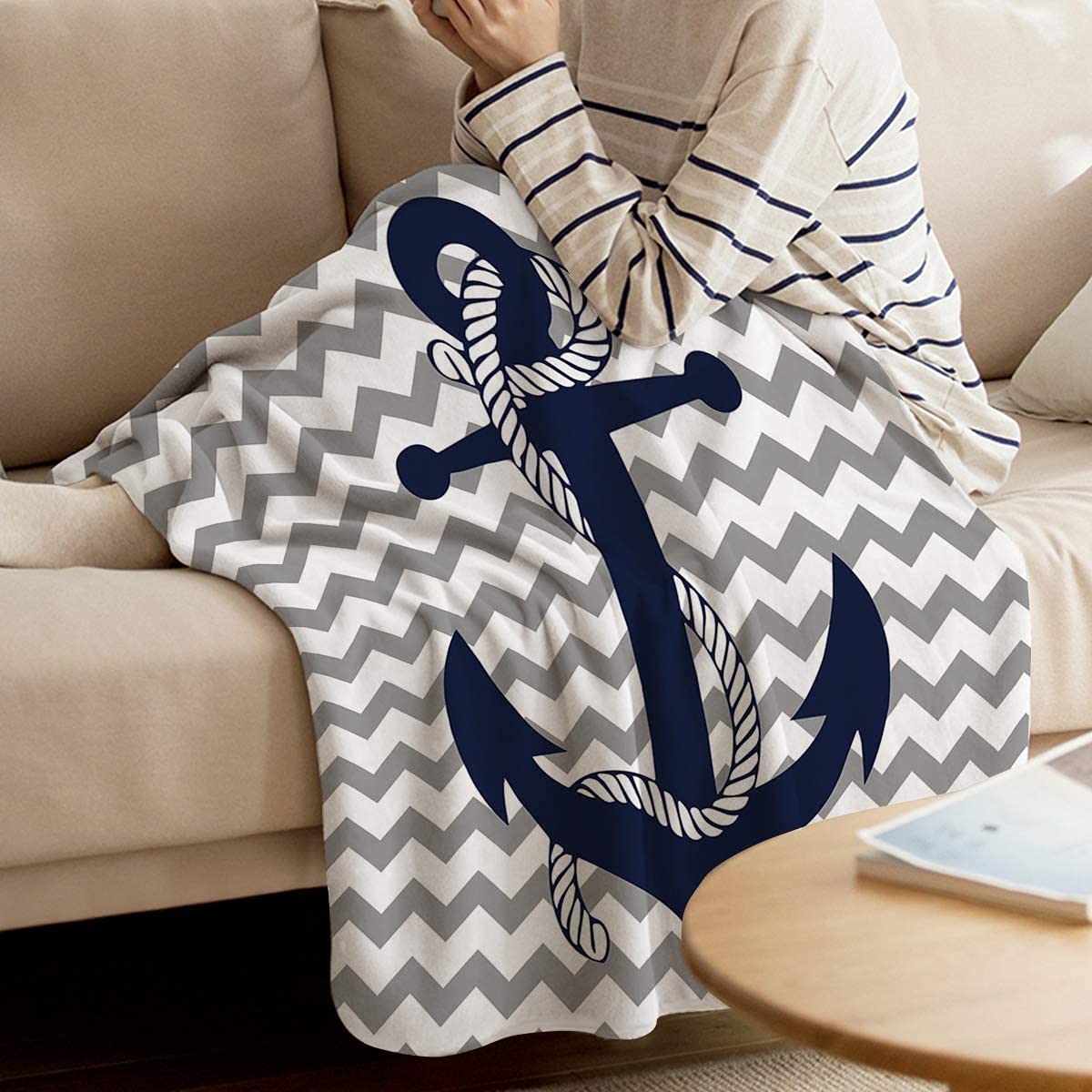 Flannel Fleece Lightweight Cozy Couch/Bed Super Soft Warm Plush Microfiber Throw Blanket, l Navy Anchor with Gray and White Chevron 40 x 50 Inches)
