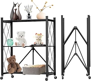 Three-Tier Foldable Metal Storage Shelf with Wheels
